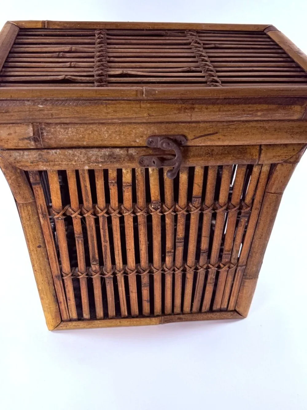 Bamboo & Wood Lattice Storage Box W/Hinged Lid Metal Clasp Wall Clips 14 in Tall